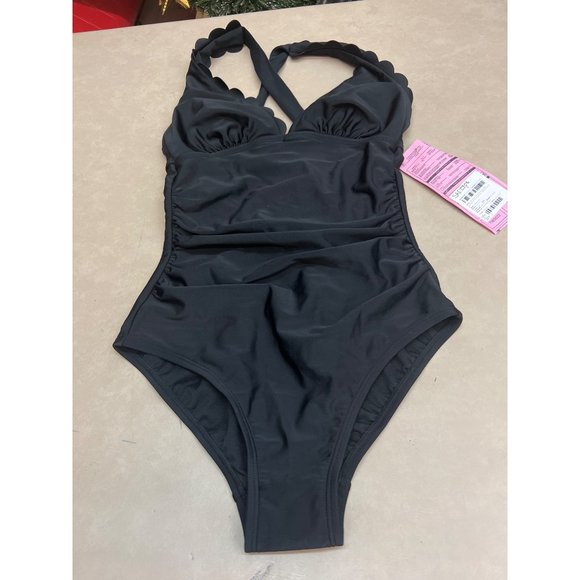 Women Plunge Front Scallop Full Coverage One Piece Swimsuit Kona Sol Black Small - Picture 5 of 6